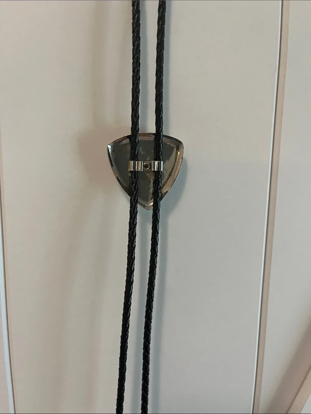 Black Braided Leather Bolo Tie with Silver Tone Stone Slide - Picture 5 of 5